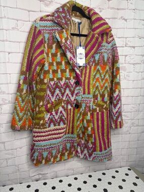 Tempo Paris Chunky Knit Statement Coat Multicolor Boho Patchwork Jacket Sz S/M